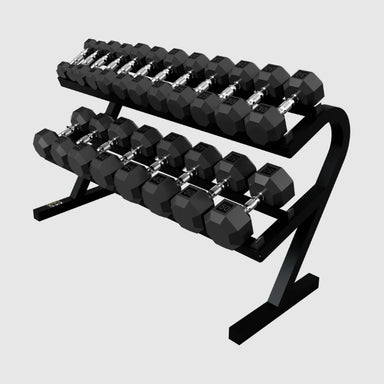 VTX 5-50 lb 8-Sided Rubber Dumbbell Set with Rack - VERTPAC-SDR50 Angled View on a white background