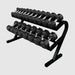 VTX 5-50 lb 8-Sided Rubber Dumbbell Set with Rack - VERTPAC-SDR50 Angled View on a white background