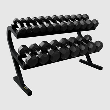 VTX 5-50 lb 8-Sided Rubber Dumbbell Set with Rack - VERTPAC-SDR50 on a white background