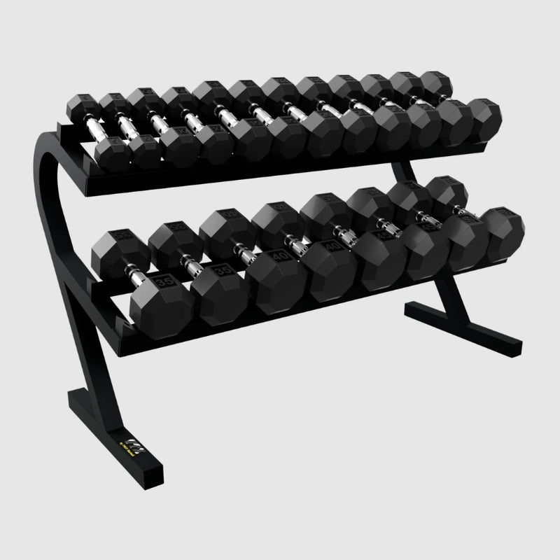 VTX 5-50 lb 8-Sided Rubber Dumbbell Set with Rack - VERTPAC-SDR50 on a white background