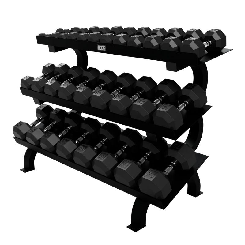 VTX 5-75 lb Urethane Dumbbells Set with Horizontal Rack - VERTPAC-SDU75 on a white background