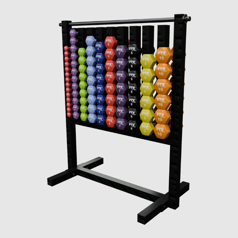 VTX Aerobic Pac – 43 Pairs Vinyl Dumbbell Set with Rack - MDR-DVPAC on a white background