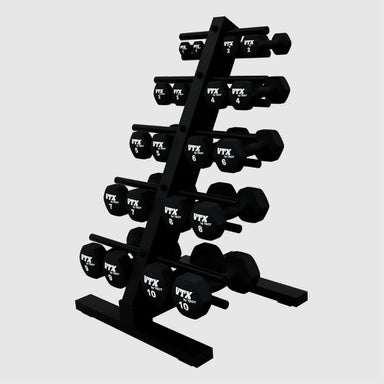 VTX Neoprene Dumbbell Set with Rack - THD-NPAC Angled View on a white background