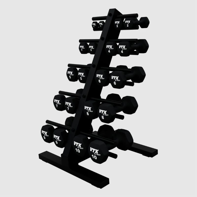 VTX Neoprene Dumbbell Set with Rack - THD-NPAC Angled View on a white background