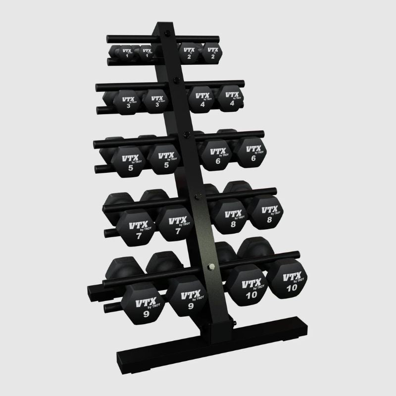 VTX Neoprene Dumbbell Set with Rack - THD-NPAC on a white background