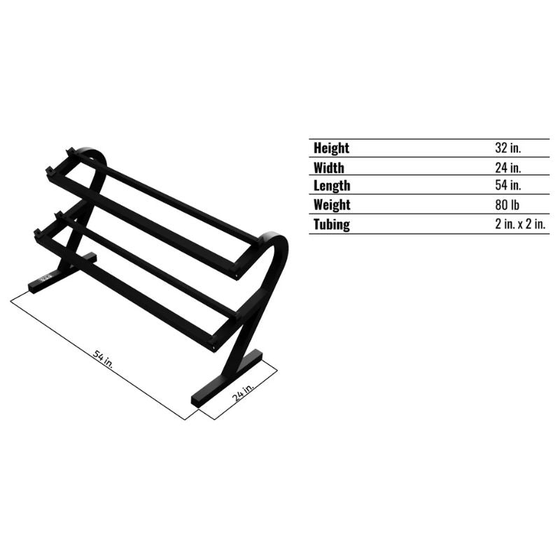 VTX T-DR Horizontal Dumbbell Rack - 2-Tier Rail Rack w/o Saddles Dimensions