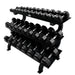 VTX by Troy GTDR-3 Horizontal 3-Tier Shelf Rack Left Side View with Dumbbells