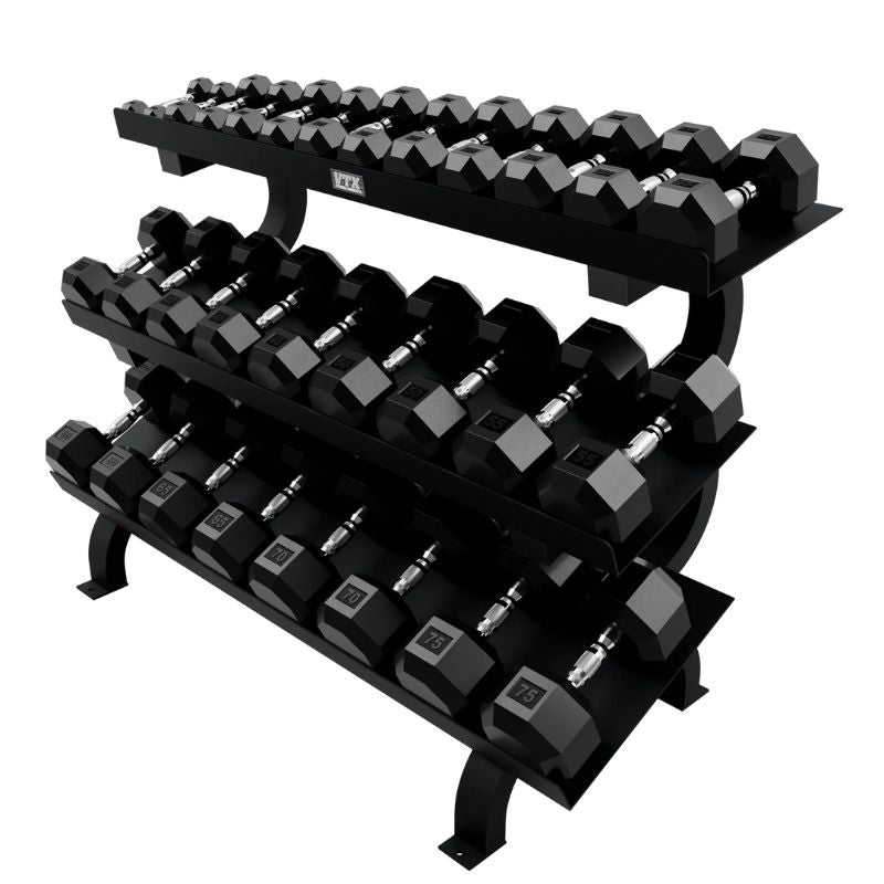 VTX by Troy GTDR-3 Horizontal 3-Tier Shelf Rack Left Side View with Dumbbells
