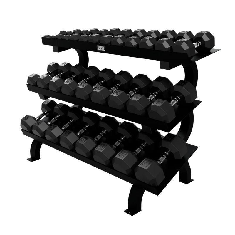 VTX by Troy GTDR-3 Horizontal 3-Tier Shelf Rack Side View with Dumbbells