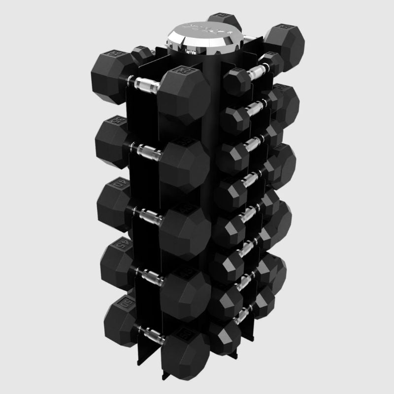 Vertical Dumbbell Rack with 3-50lb Dumbbell Set on a white background