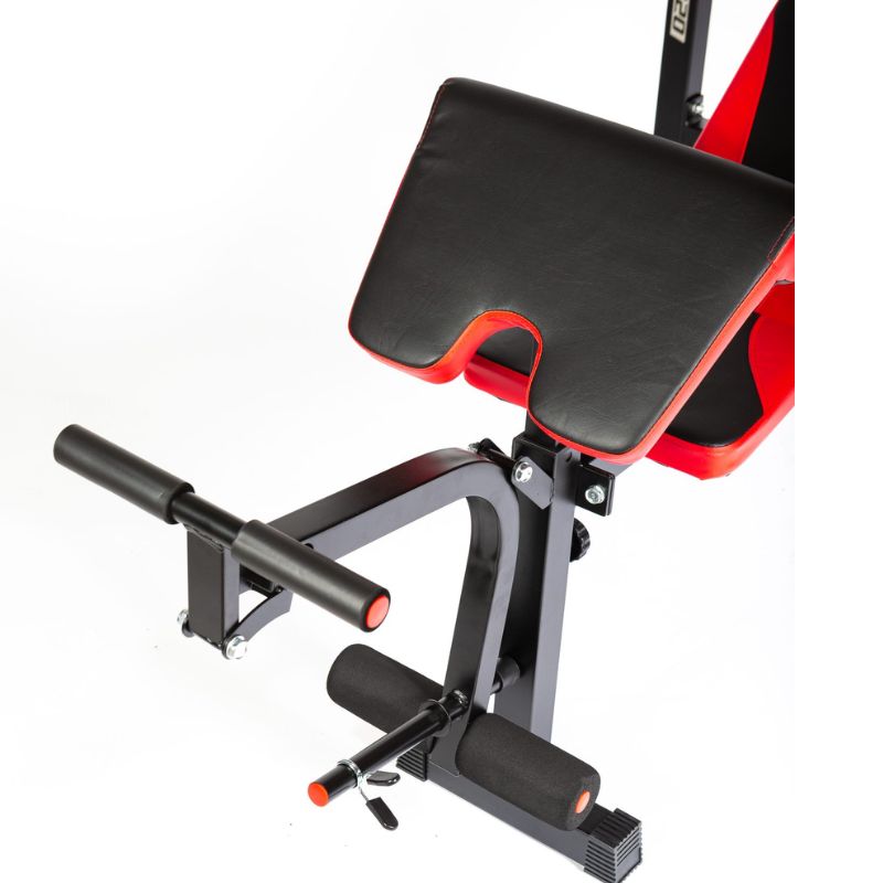 YORK Aspire 320 Multi Purpose Flat to Incline Bench with Arm_Leg Curl - 43320 Close up Details of preacher curl pad and leg curl attachment