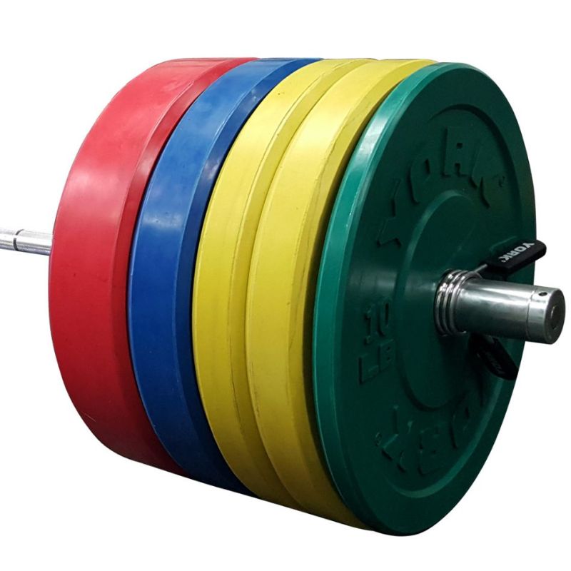 YORK Colored Solid Rubber Training Bumper Plate Set stacked in Olympic Bar with Spring Collars