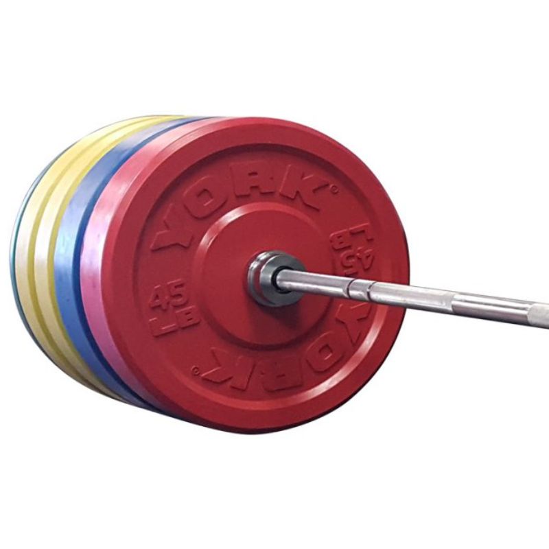YORK Colored Solid Rubber Training Bumper Plate Set stacked in Olympic Bar with Spring Collars