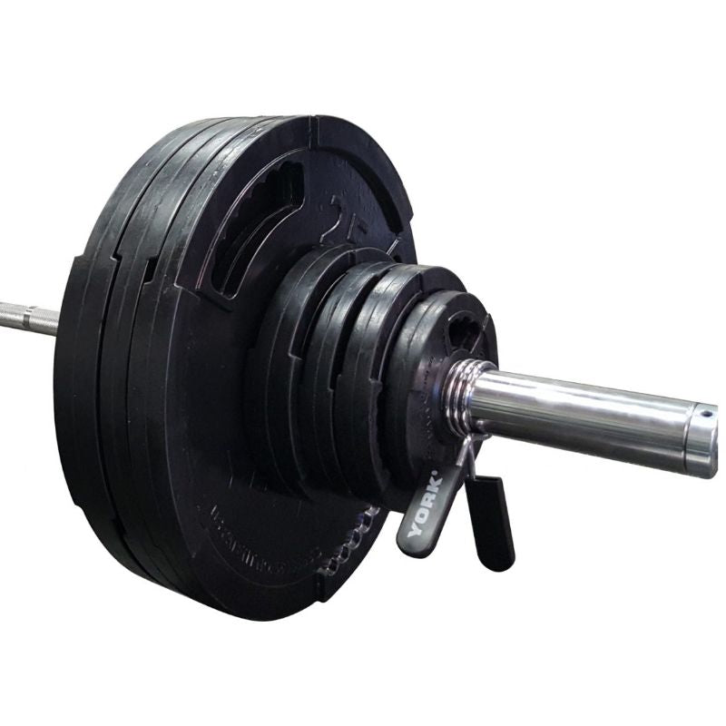 YORK G-2 Rubber Encased Olympic Plate & Barbell Set Stacked in Olympic Bar