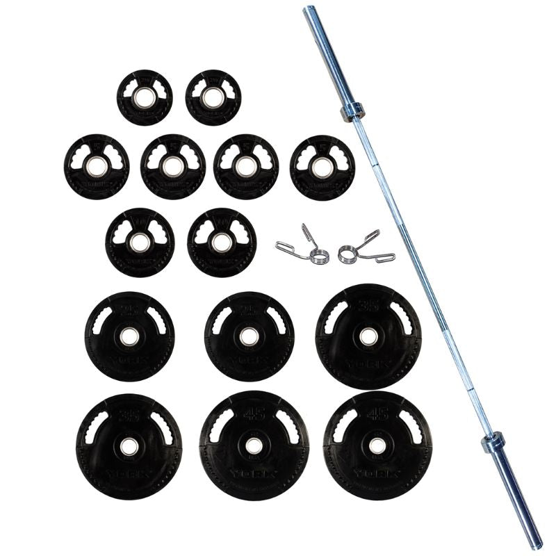 YORK G-2 Rubber Encased Olympic Plate & Barbell Set