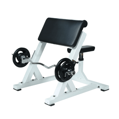 YORK Preacher Curl Machine White Sample with Barbell