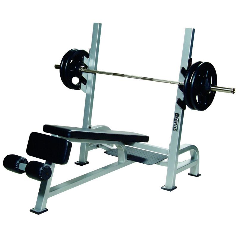 YORK STS Olympic Decline Bench Press w_ Gun Racks Silver With Plates