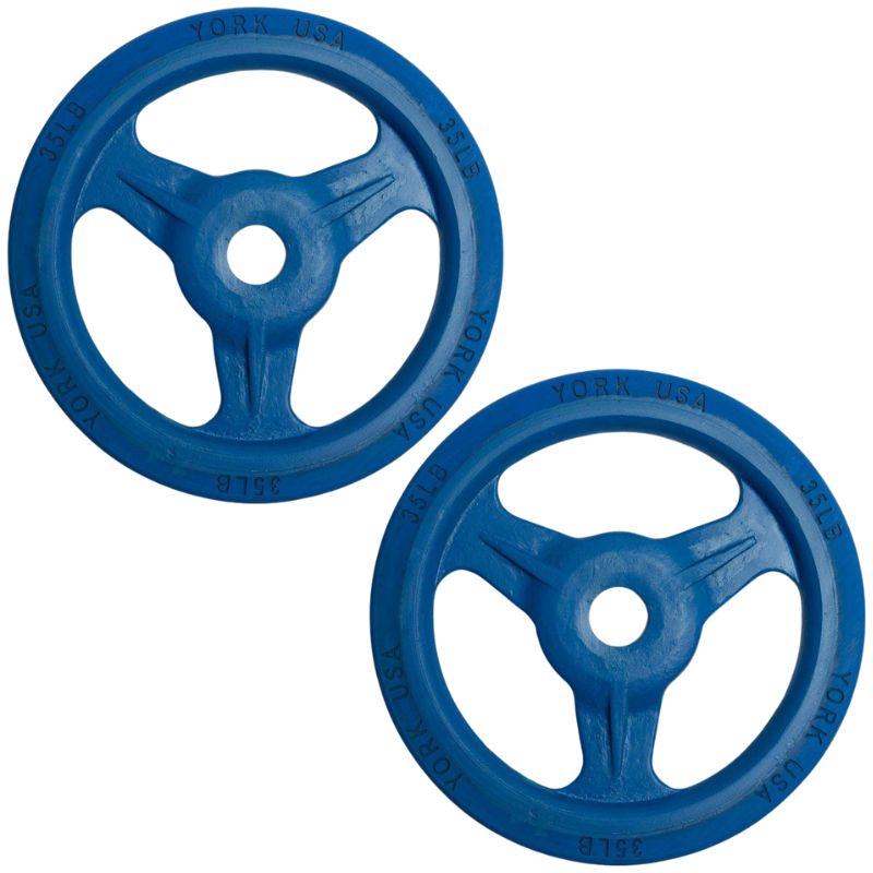 YORK Colored Bumper Grip Plates - Aluminum Milled Plate 35 lb bumper plates pair