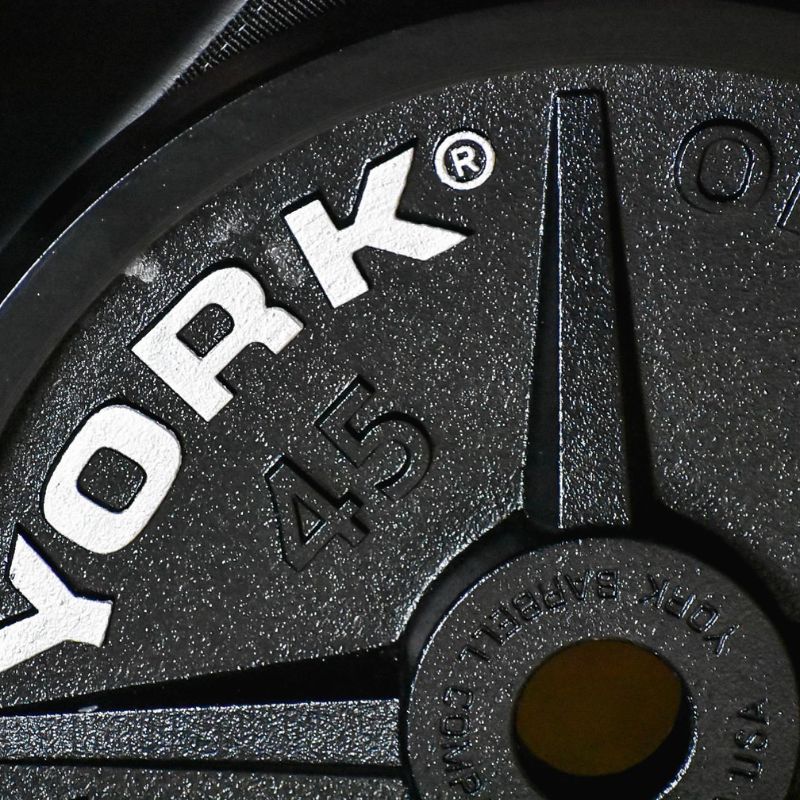 YORK Legacy_ Cast Iron Precision Milled Olympic Plate York Logo on 45 lb Weight Plates Top View