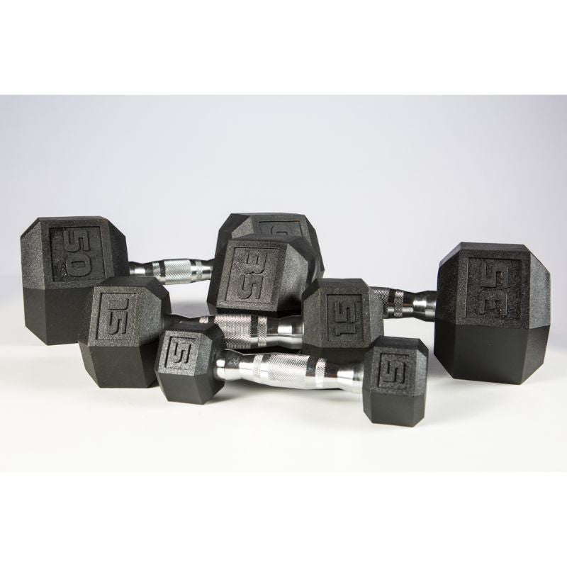 YORK Premium PVC Hex Dumbbells 5 lb dumbbells, 1b lb dumbbells, 35 lb dumbbells, and 50 lb dumbbells