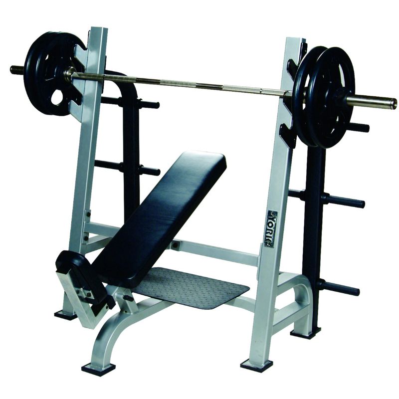 YORK STS Olympic Incline Bench Press with Gun Racks Silver with Weight Plates