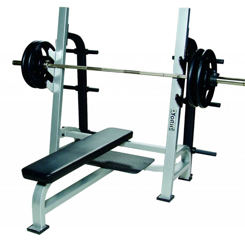 York STS Olympic Flat Bench with Gun Racks with Storage Attachment and Plates