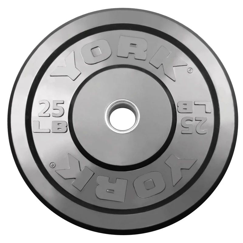 York Black Rubber Bumper Plate Set with Bar 25 lb Bumper Plates