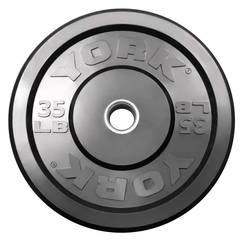 York Black Rubber Bumper Plate Set with Bar 35 lb Bumper Plates