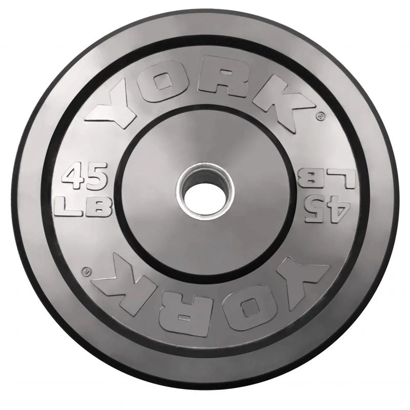 York Black Rubber Bumper Plate Set with Bar 45 lb Bumper Plates