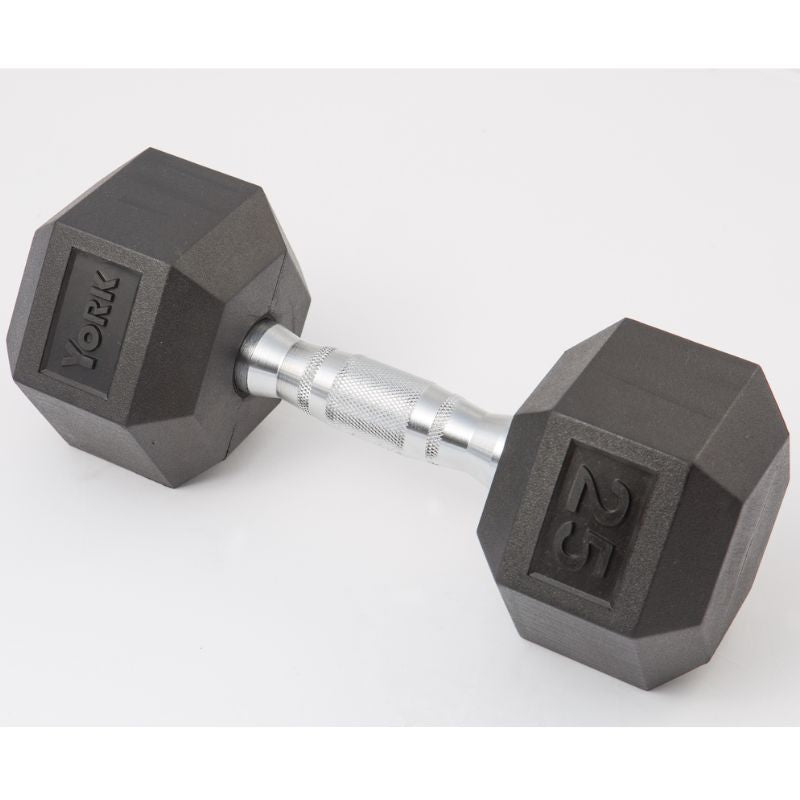 York Rubber Hex Dumbbell w/ Chrome Ergo Handle 25 lb Dumbbells