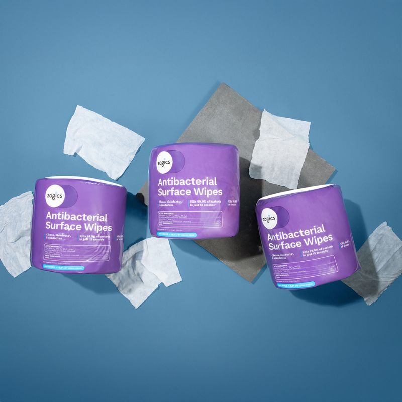 Zogics Antibacterial Disinfecting Wipes Top view with Tissues everywhere