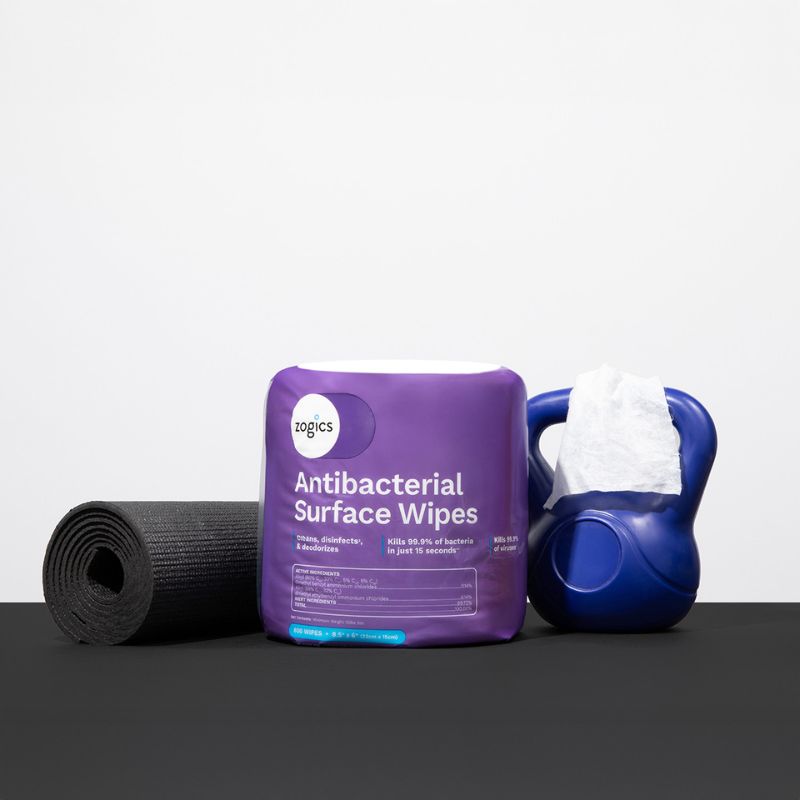Zogics Antibacterial Disinfecting Wipes with Mats and kettlebells