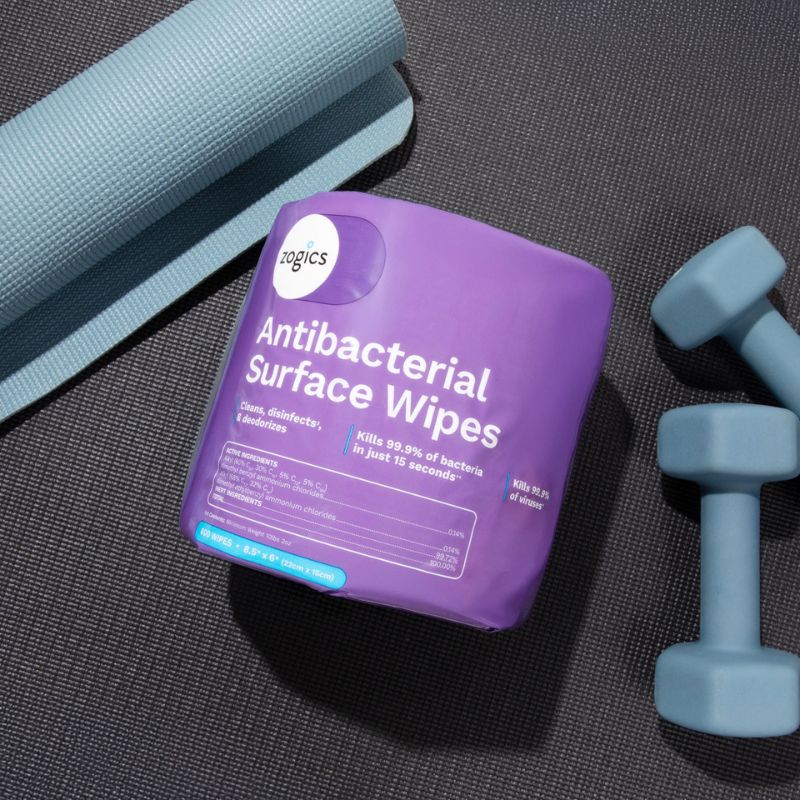 Zogics Antibacterial Surface Wipes with yoga mat and dumbbells