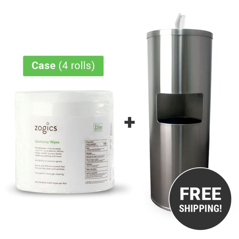 Zogics Sanitizing Wipes (4 rolls_case) with Stainless Steel Dispenser