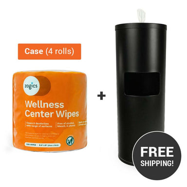 Zogics Wellness Center Wipes (4 rolls_case) + Black Coated Dispenser