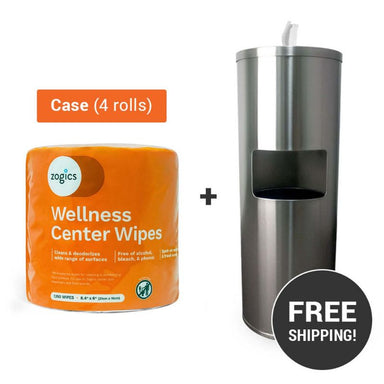 Zogics Wellness Center Wipes (4 rolls_case) + Stainless Steel Dispenser