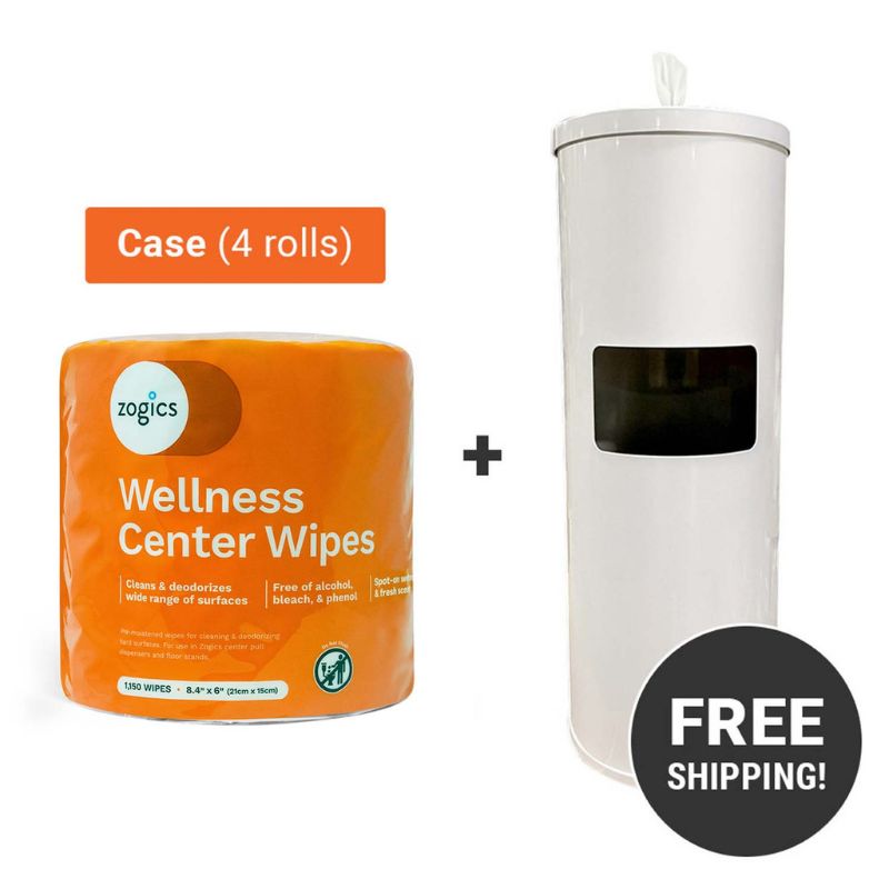 Zogics Wellness Center Wipes (4 rolls_case) + White Powder Coated Dispenser