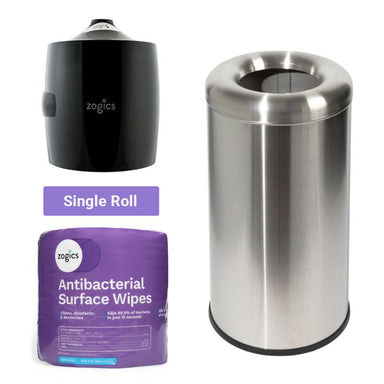 Zogics 8 Gallon Open Top Trash Can with Antibacterial Wipes and Dispenser on a white background