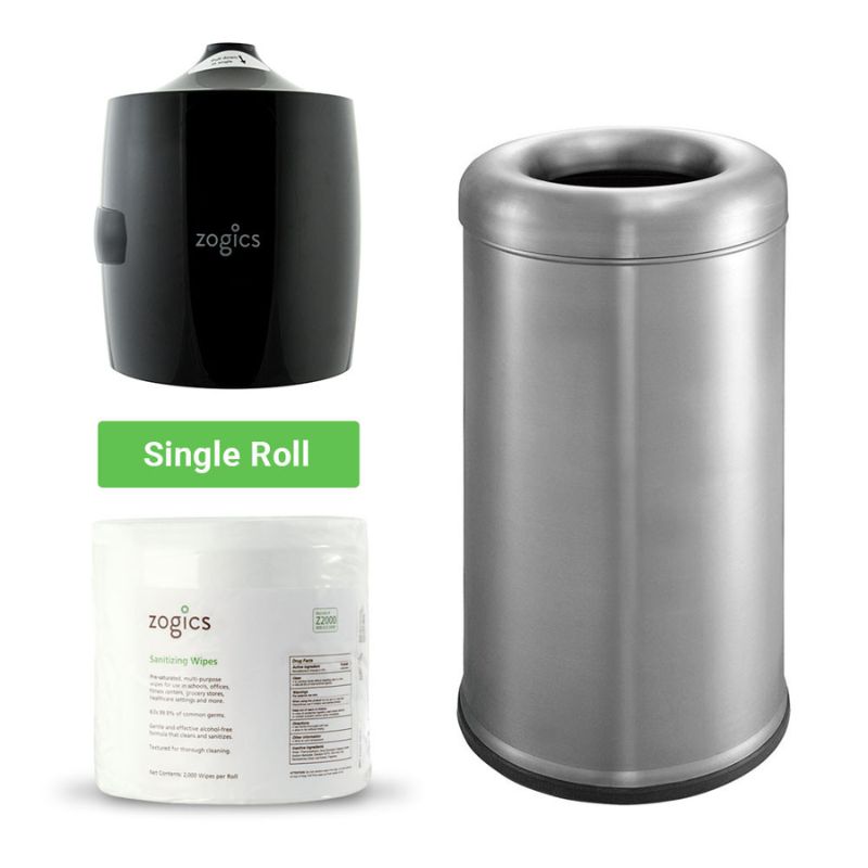 Zogics 8 Gallon Open Top Trash Can with Sanitizing Wipes and Dispenser on a white background