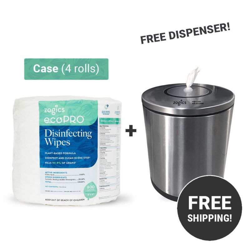 Zogics ecoPRO™ Plant-Based Disinfecting Wipes + tabletop stainless steel wipe dispenser