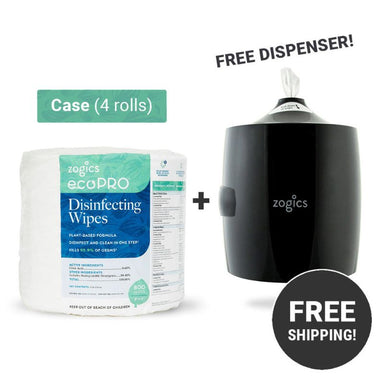 Zogics ecoPRO™ Plant-Based Disinfecting Wipes + upward dispensing wipe dispenser