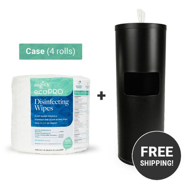 Zogics ecoPRO™ Plant-Based Disinfecting Wipes (4 rolls_case) + Black Coated Dispenser