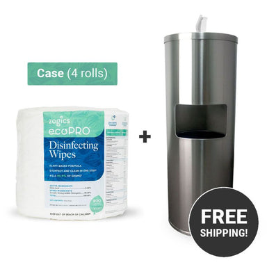 Zogics ecoPRO™ Plant-Based Disinfecting Wipes (4 rolls_case) +  Stainless Steel Dispenser