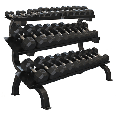 VTX by Troy 5-75 lb 8-Sided Rubber Encased Dumbbell Set with 3 Tier Shelf Rack | VERTPAC-SDR75