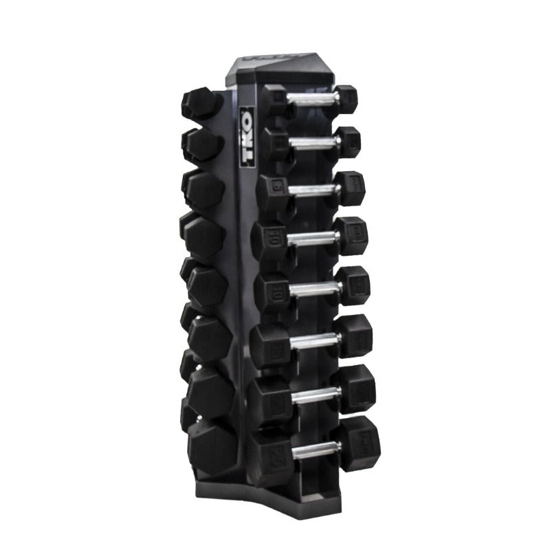 TKO 3lb-25lb Rubber Hex  Straight Handle Dumbbells w/ Vertical Rack | S826-SXRL8