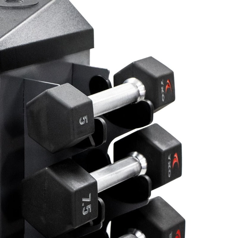 TKO 3lb-25lb Rubber Hex  Straight Handle Dumbbells w/ Vertical Rack | S826-SXRL8 5lb and 7.5lb