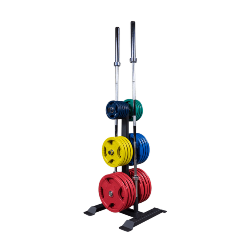 Body Solid Olympic Weight Tree and Bar Holder | GWT56  -  Sample with Colored Grip Plates