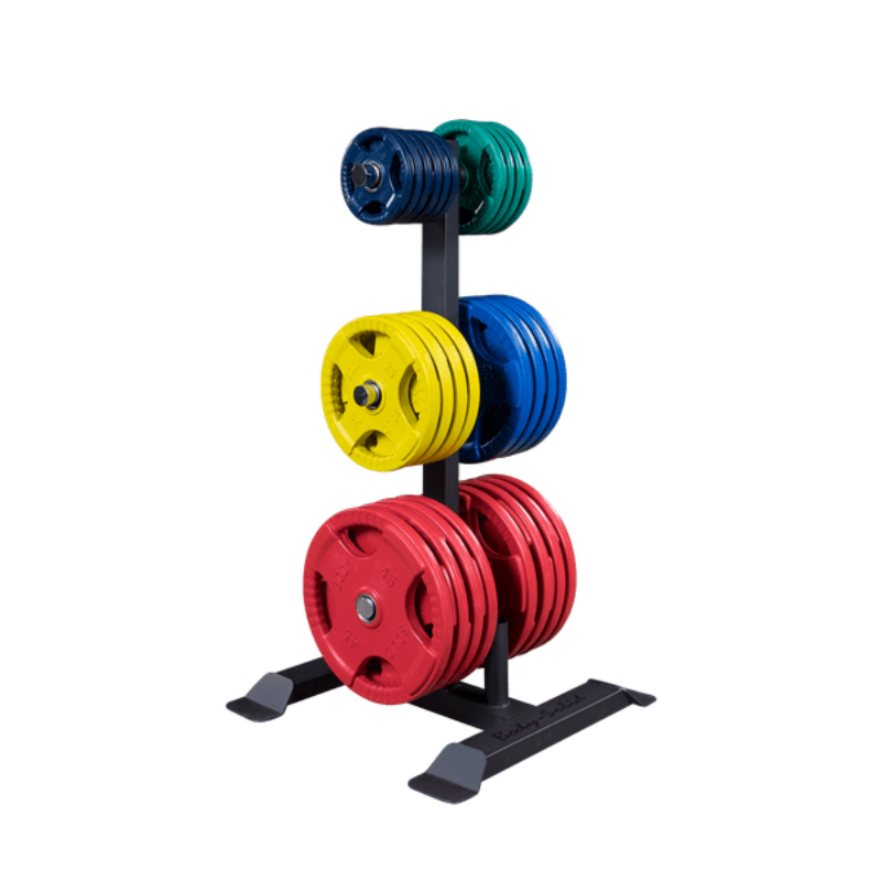 Body Solid Olympic Weight Tree and Bar Holder | GWT56 - Sample with Colored Grip Plates