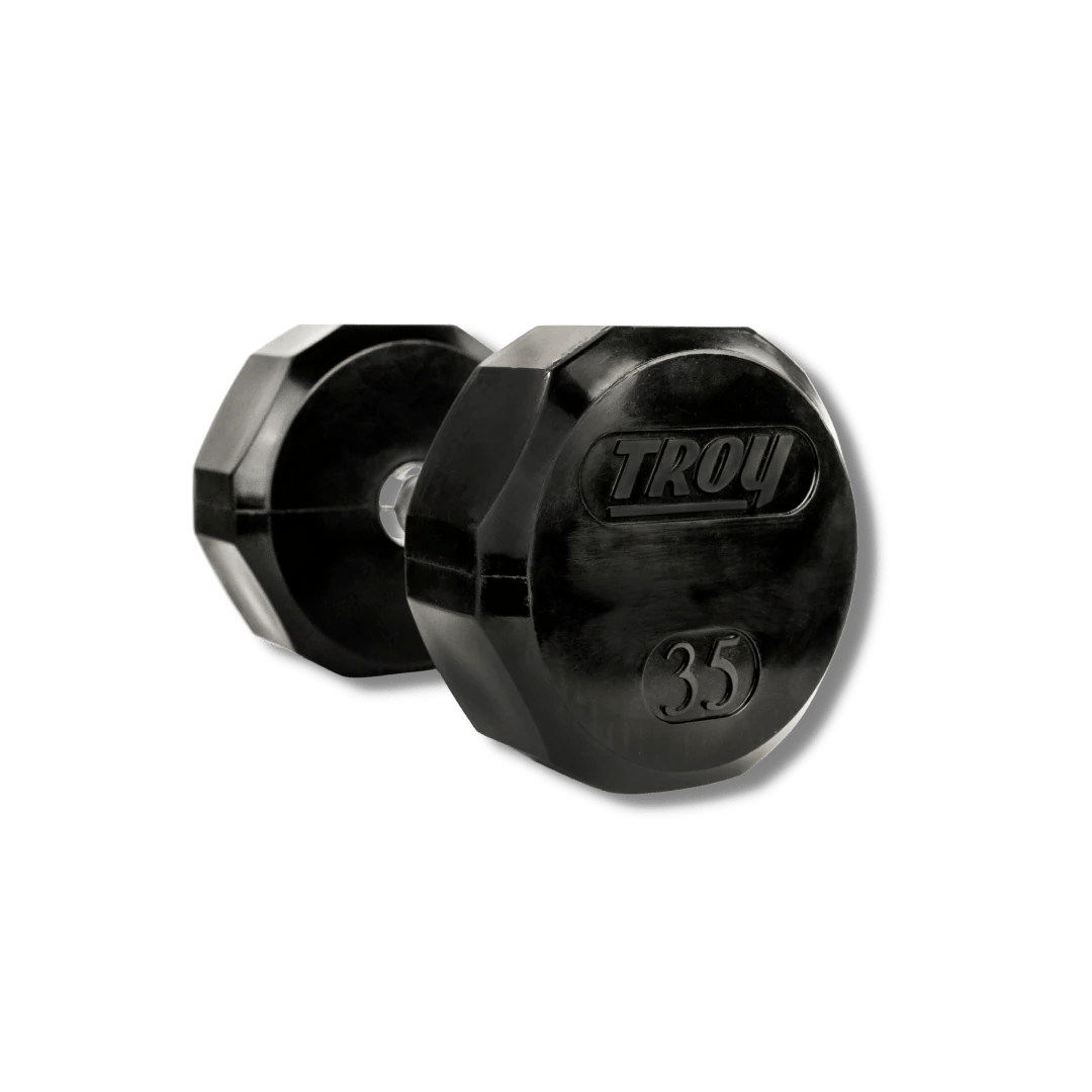 Troy 12-Sided Rubber Dumbbells 5-75lbs with Horizontal Rack VERTPAC-TSDR75