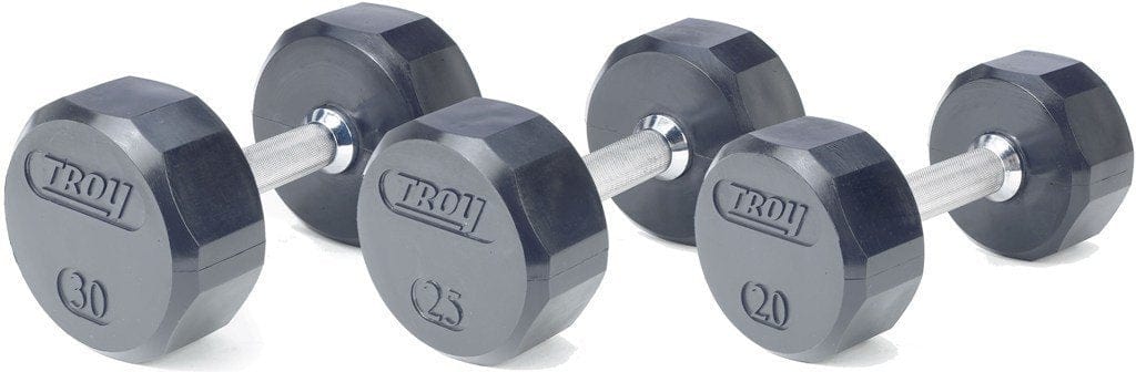 TROY 5-50lb Rubber Encased 12-Sided Dumbbell Set with Saddle Rack COMMPAC-TSDR50